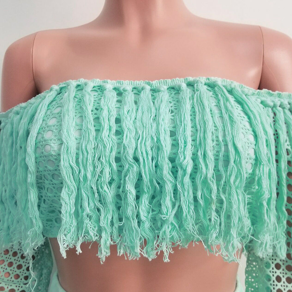 Summer Hollow Sexy Fashion Mesh Tassel See-Through Two-Piece Skirt Set 44