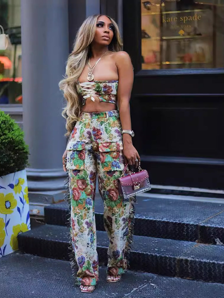 Women Sexy lace-up bra top and tassel trousers jacquard two-piece set 4