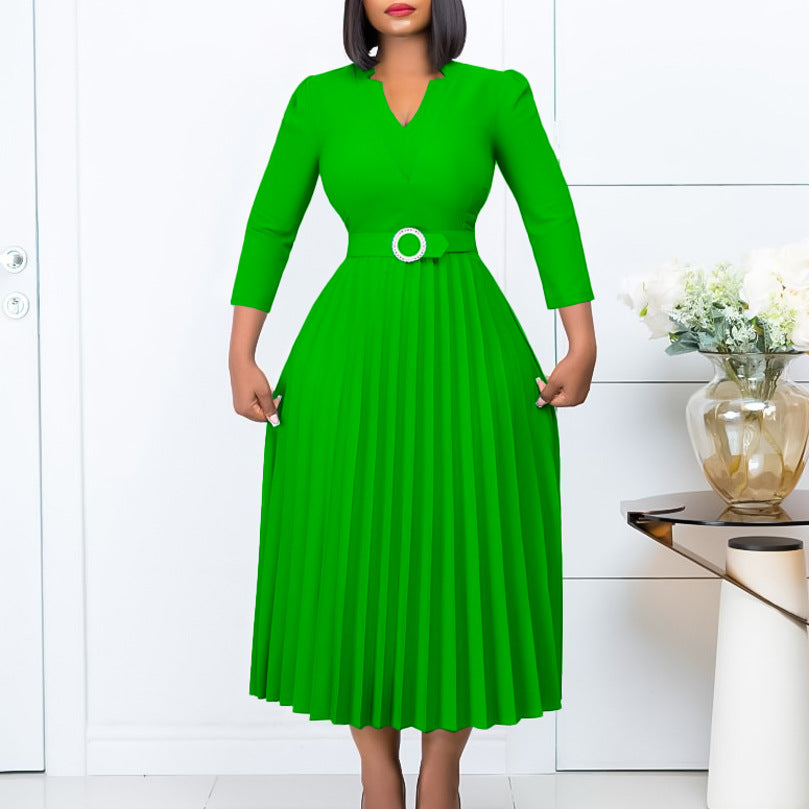Women Autumn V-neck Elegant Pleated Dress 11