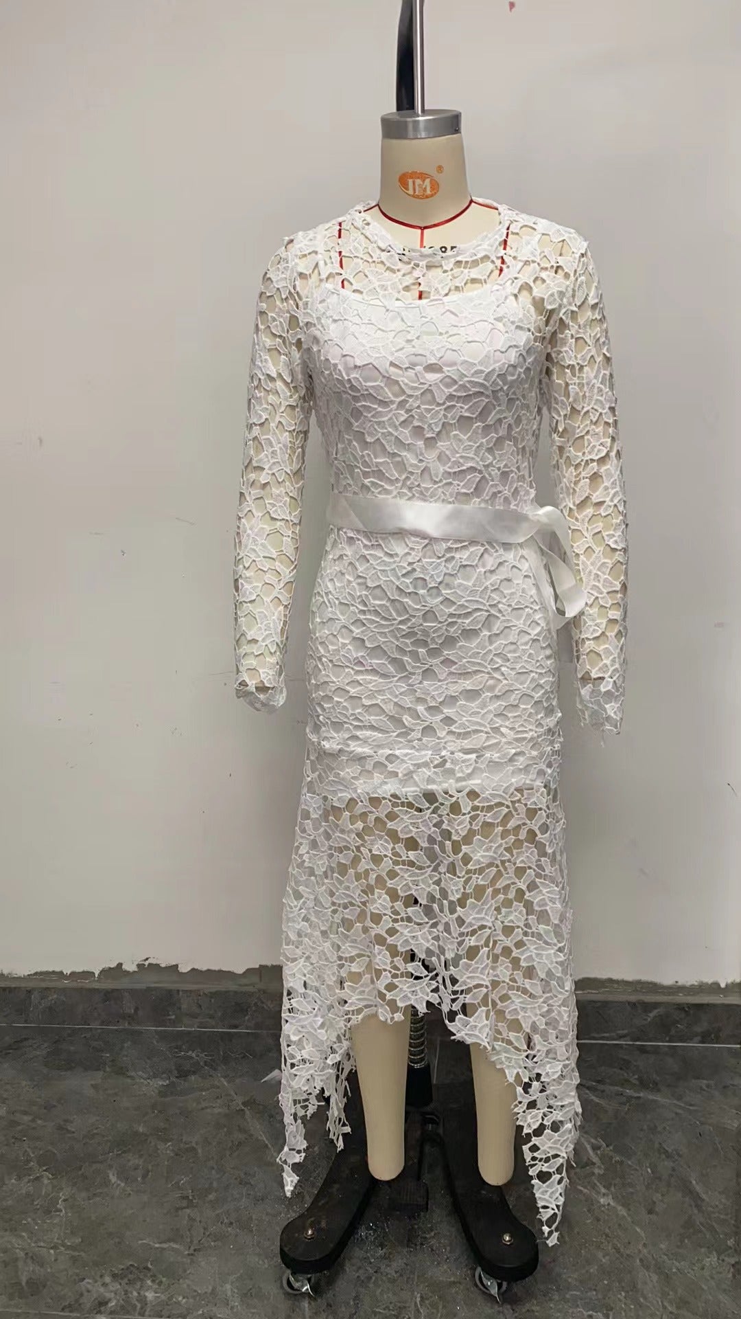 Women Lace Hollow Long Sleeve Stand Collar Lace Irregular Dress 23