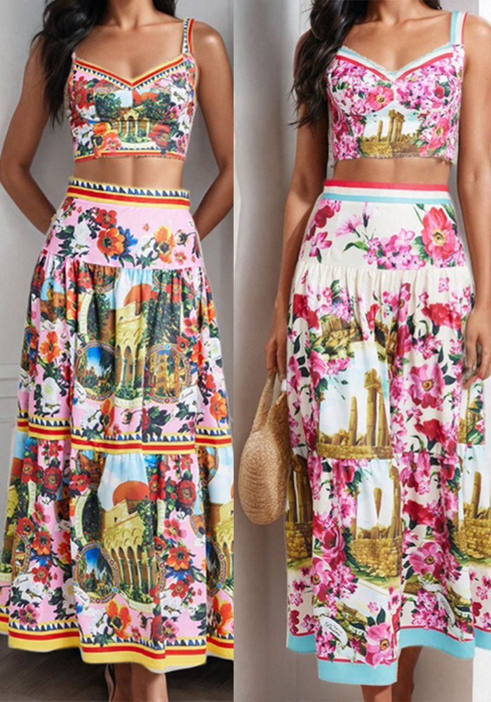 Women spring sexy Patchwork Strapless suspender skirt two-piece set