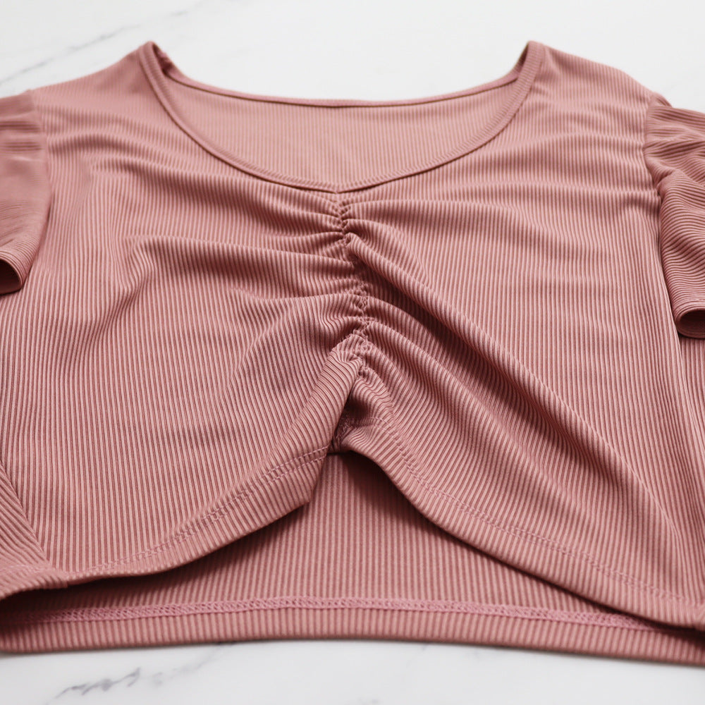 Women Ruffle Sleeve Crop V-Neck Top and Slit Bodycon Skirt Two-Piece Set 16