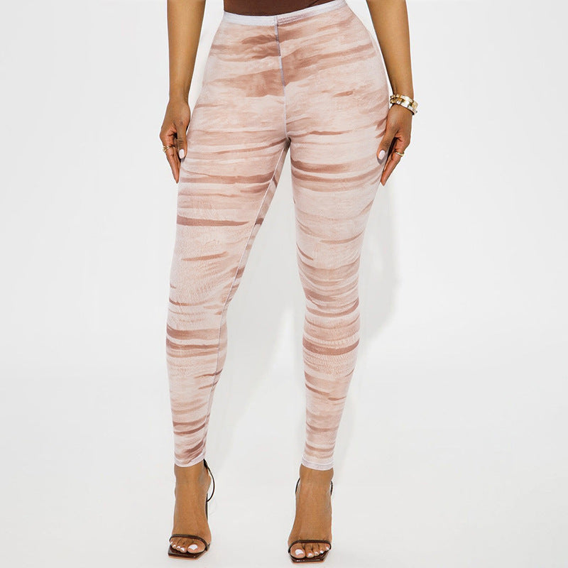 Women Spring and Summer Mesh Print See-Through Tight Pants 9