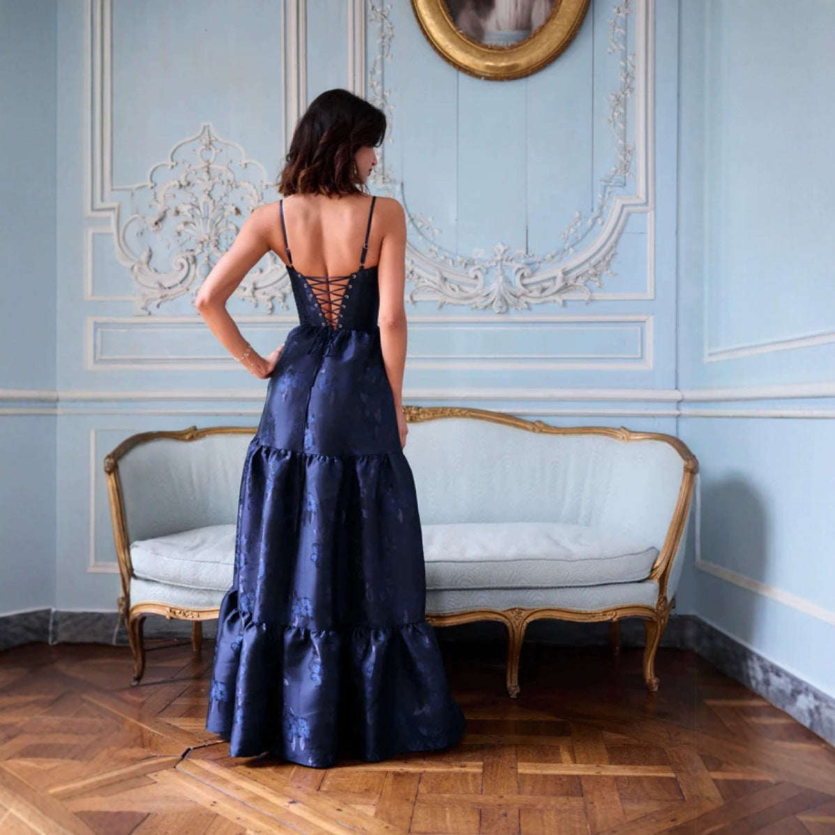 Summer Lace-Up Waist Slim Mesh Jacquard Strap Maxi Dress 4