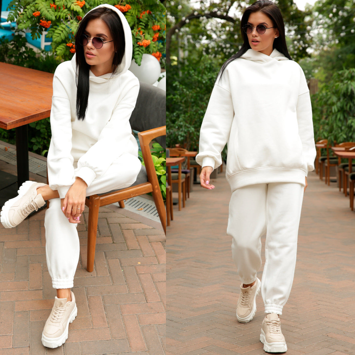 Women'S Fall Winter Fashion Solid loose Hoodies Casual Two Piece tracksuits 11