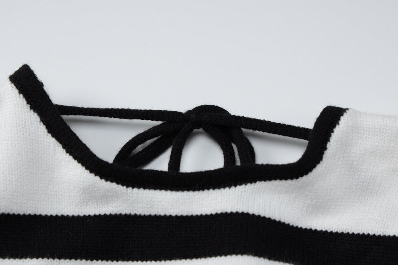 Women Knitting Stripe Bell Bottom Sleeve Tie Backless Sweater Dress 12