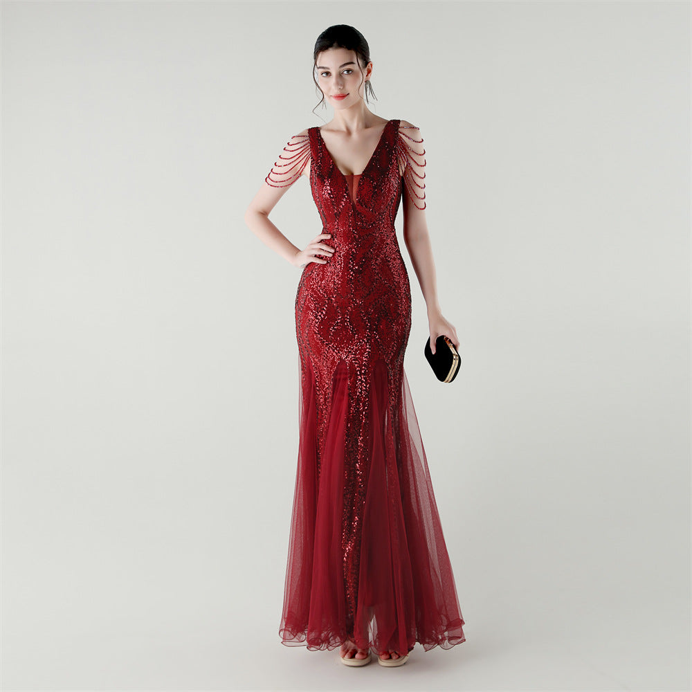 Spring Summer Low Back Sequined Mesh Slim Fishtail Party Evening Dress 12