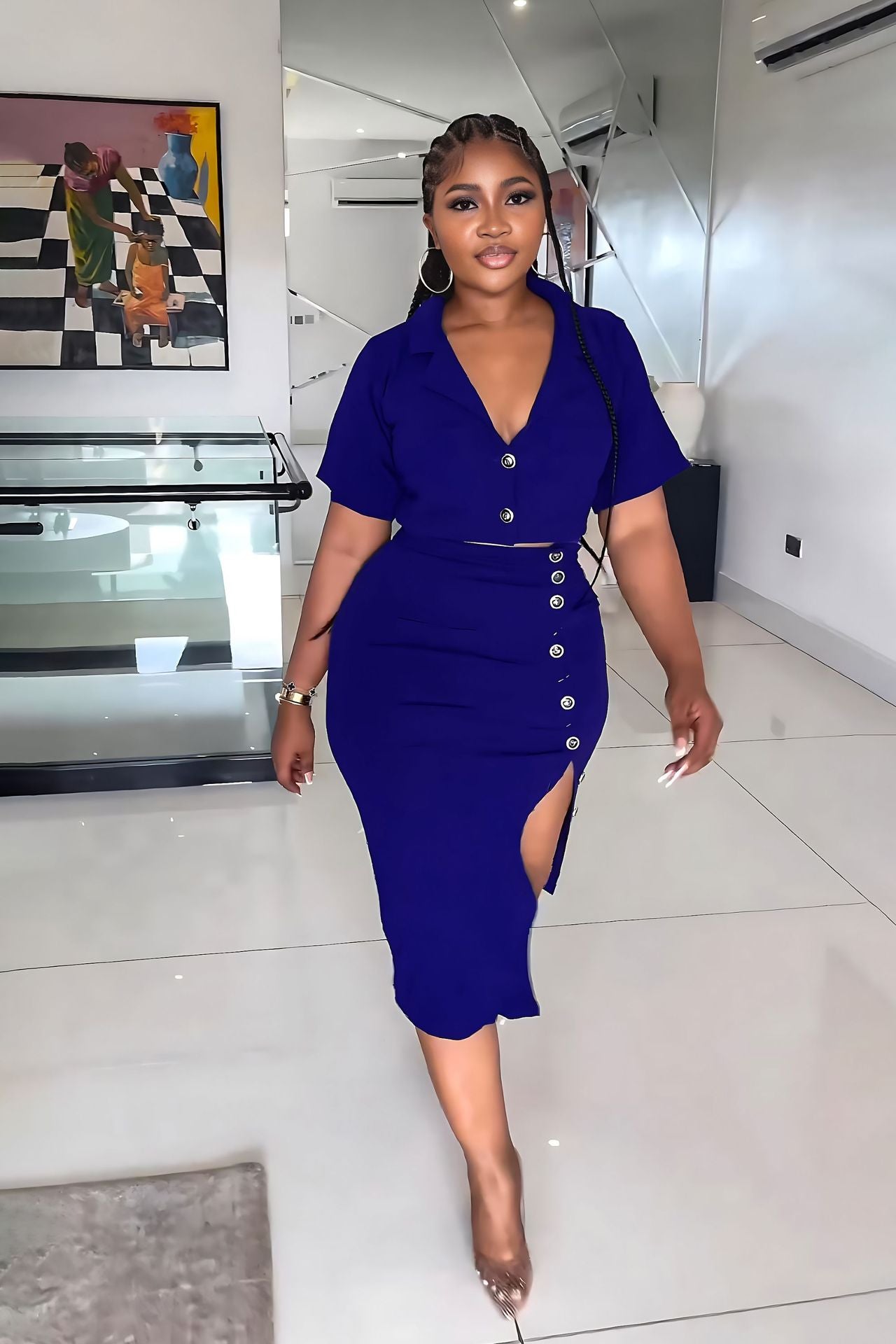 Women Summer Polo Neck Short Sleeve Blazer and Slit Skirt Career Two-Piece Set 5