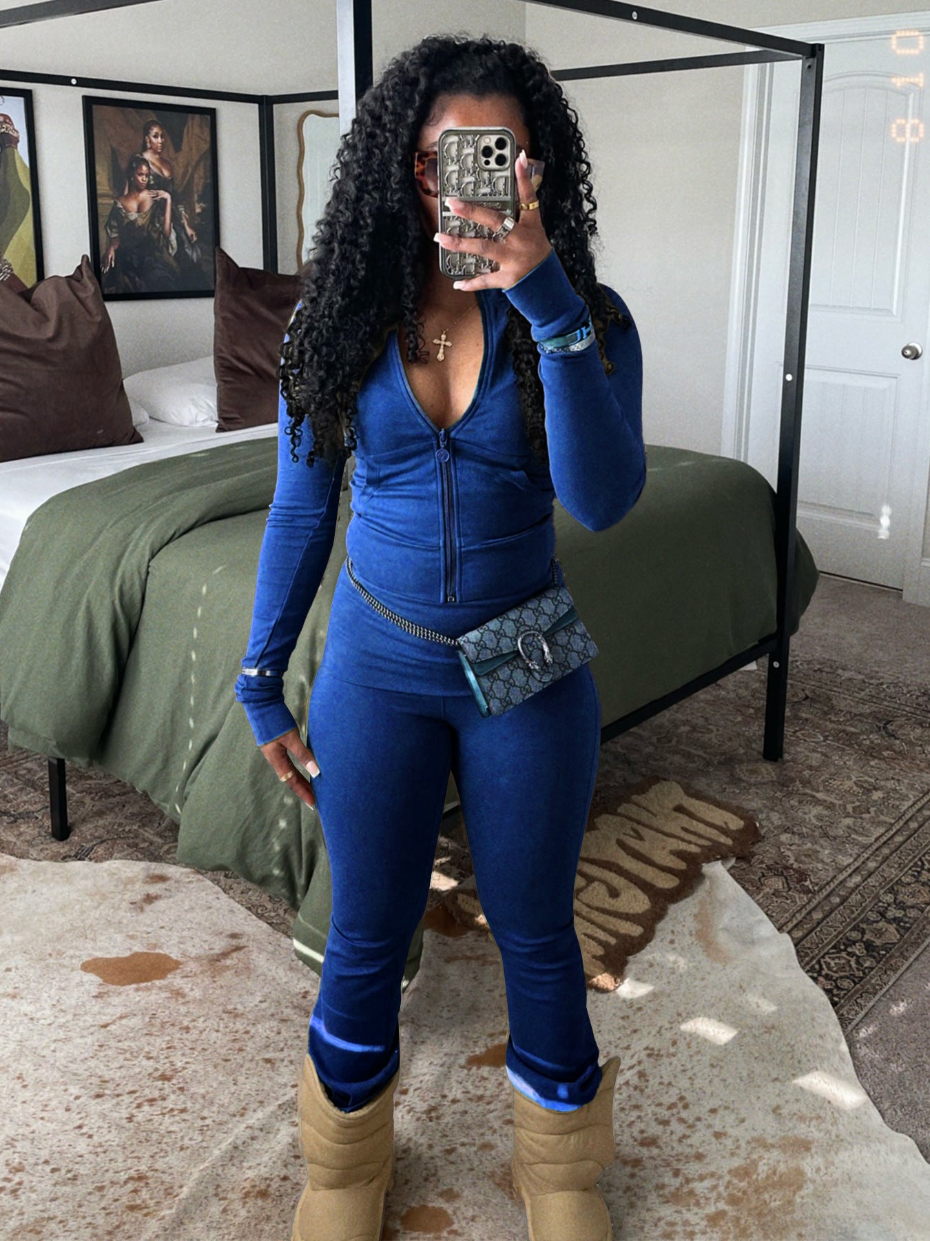 Women Sports Casual Zipper Top and Bell Bottom Pants Two-piece Set 3