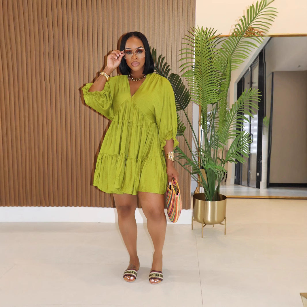 Women Solid Casual V Neck Three-quarter Sleeve Pleated Dress 7