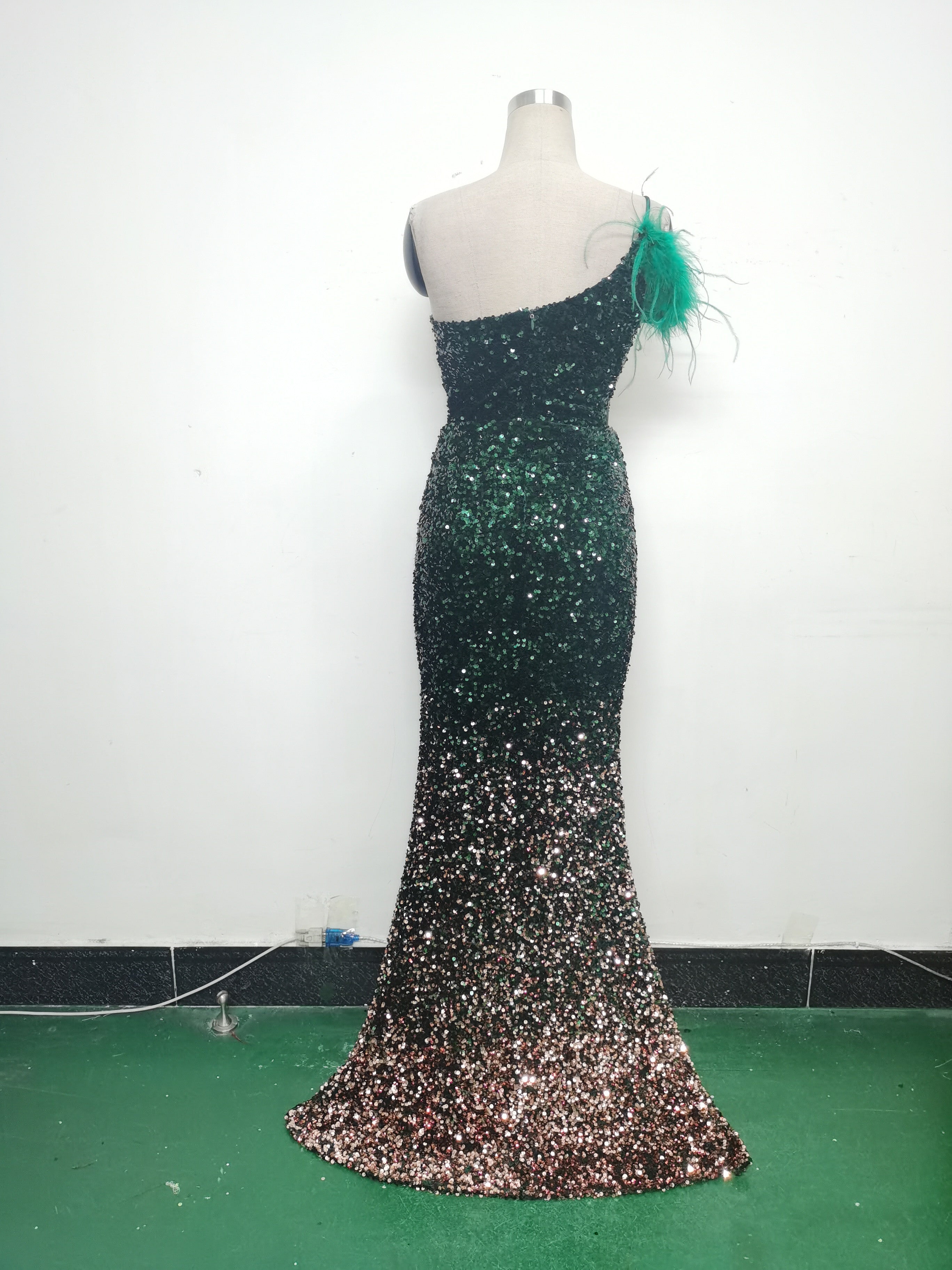 Women Gradient Velvet Bottom Beaded Ostrich Feather One Shoulder Slash Shoulder Slit Evening Dress 24