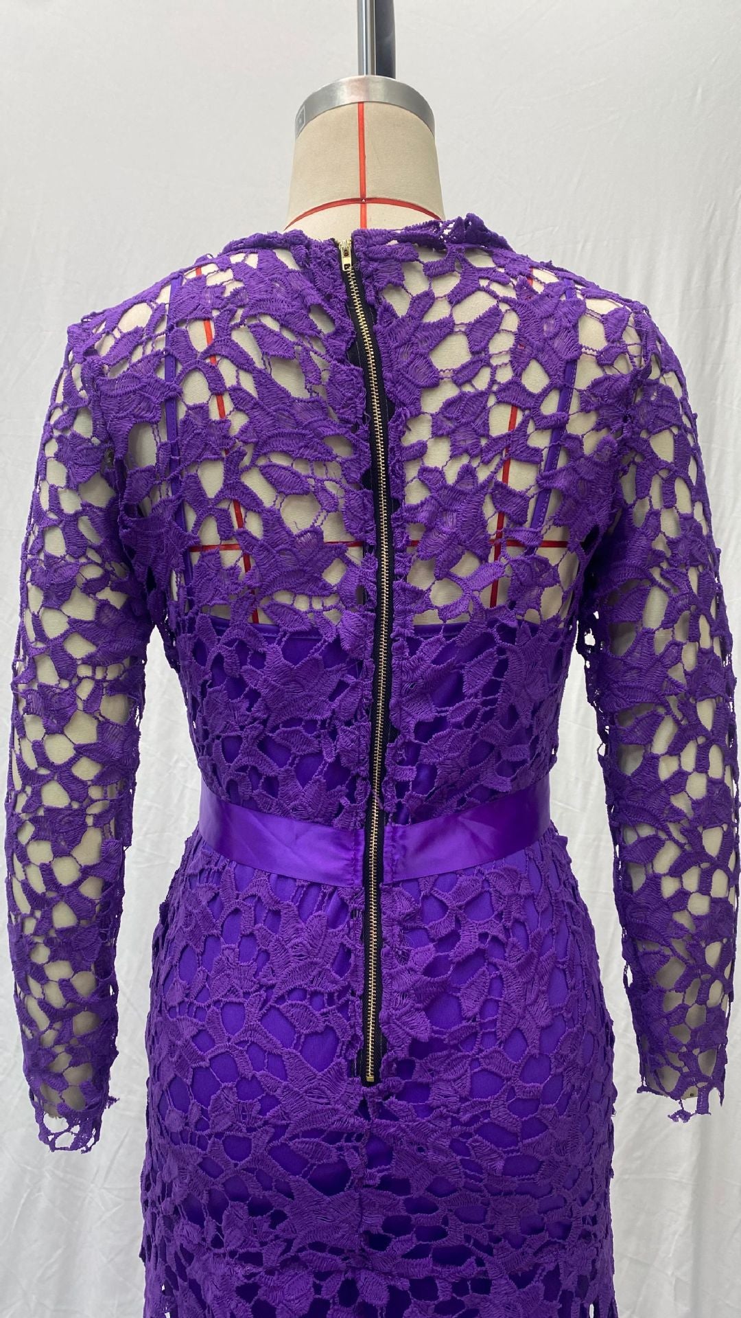 Women Lace Hollow Long Sleeve Stand Collar Lace Irregular Dress 21