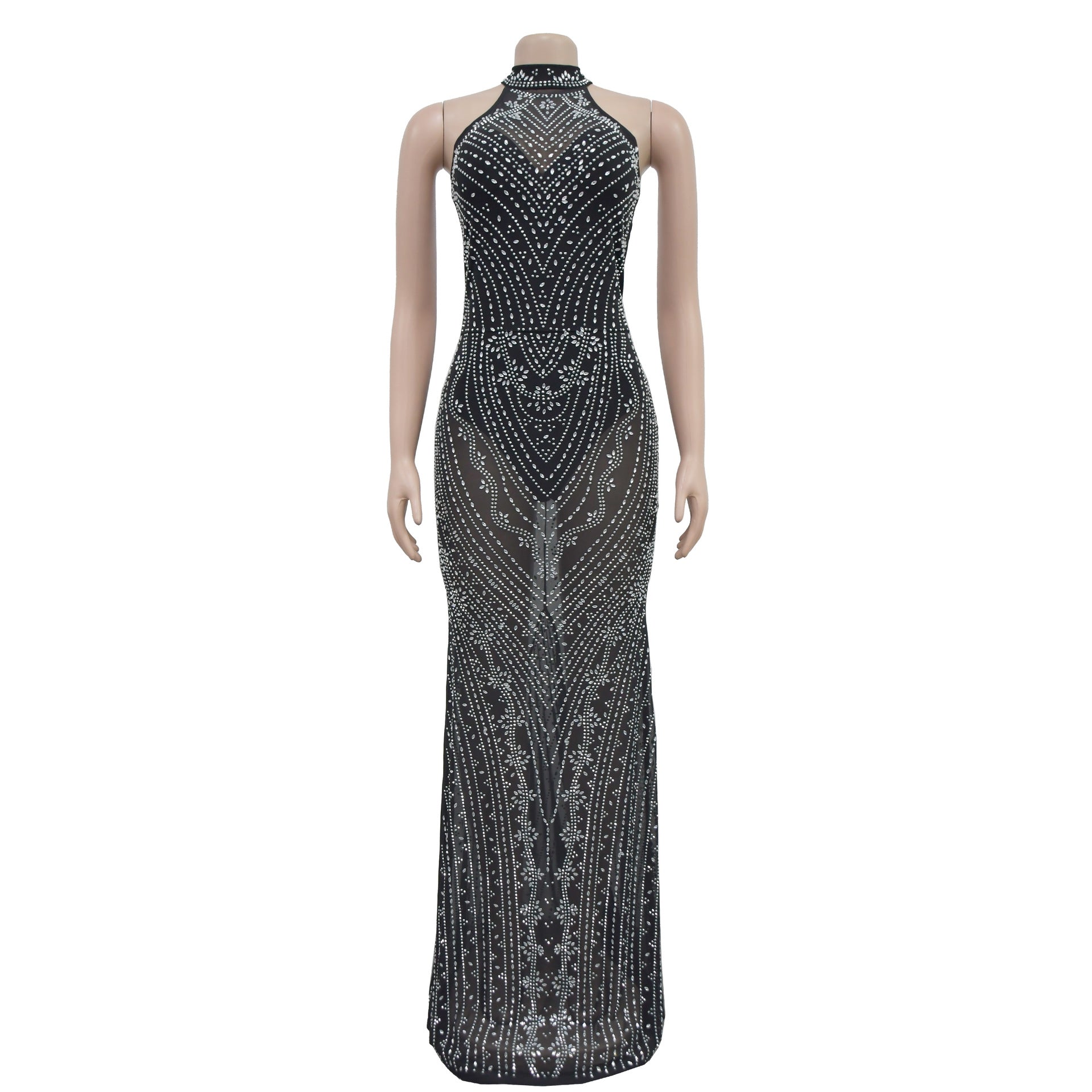Fashionable Women's Solid Color Mesh Beaded Long Dress 9