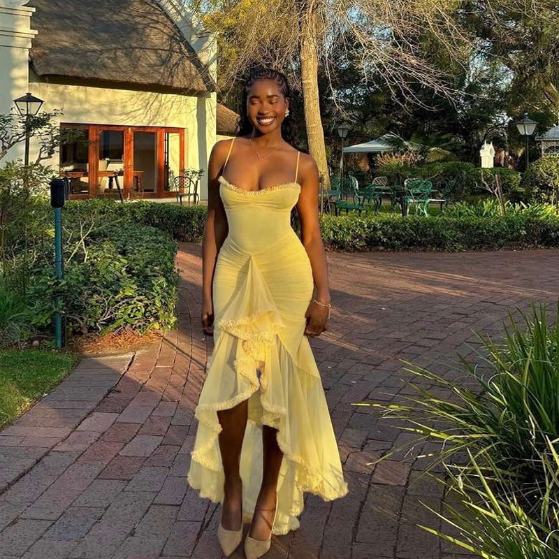 Women Sexy Backless Mesh Suspender Solid Dress