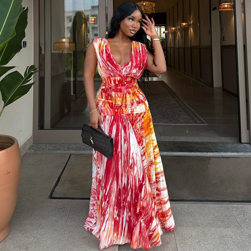 Spring Casual Women's Pleated Fashion Print V neck Slim Waist Loose Long Dress 3