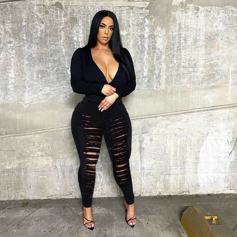 Spring Denim Pants Ripped Plain Black Denim Pants Women's Jeans 5