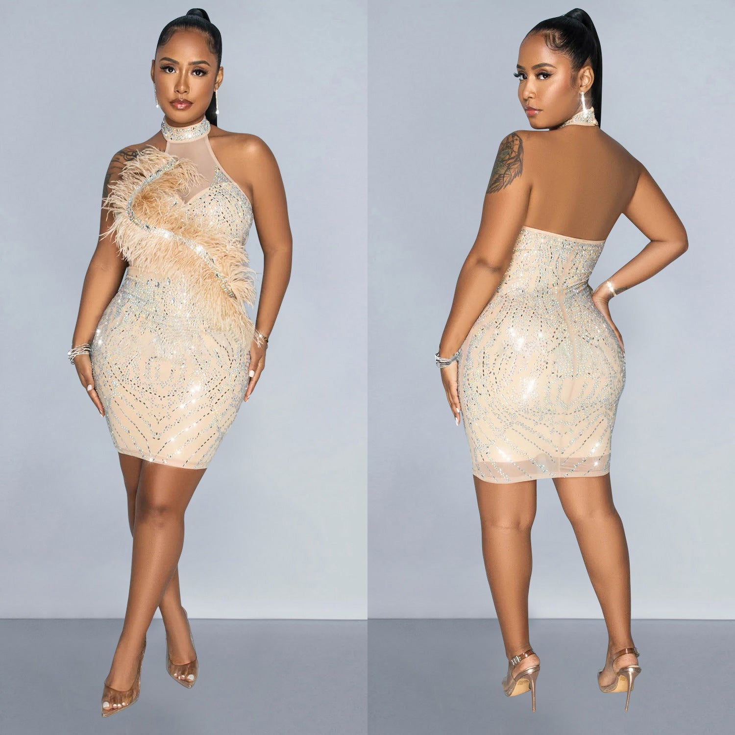 Fashion Women's Solid Color Mesh Beaded Feather Club Dress 4