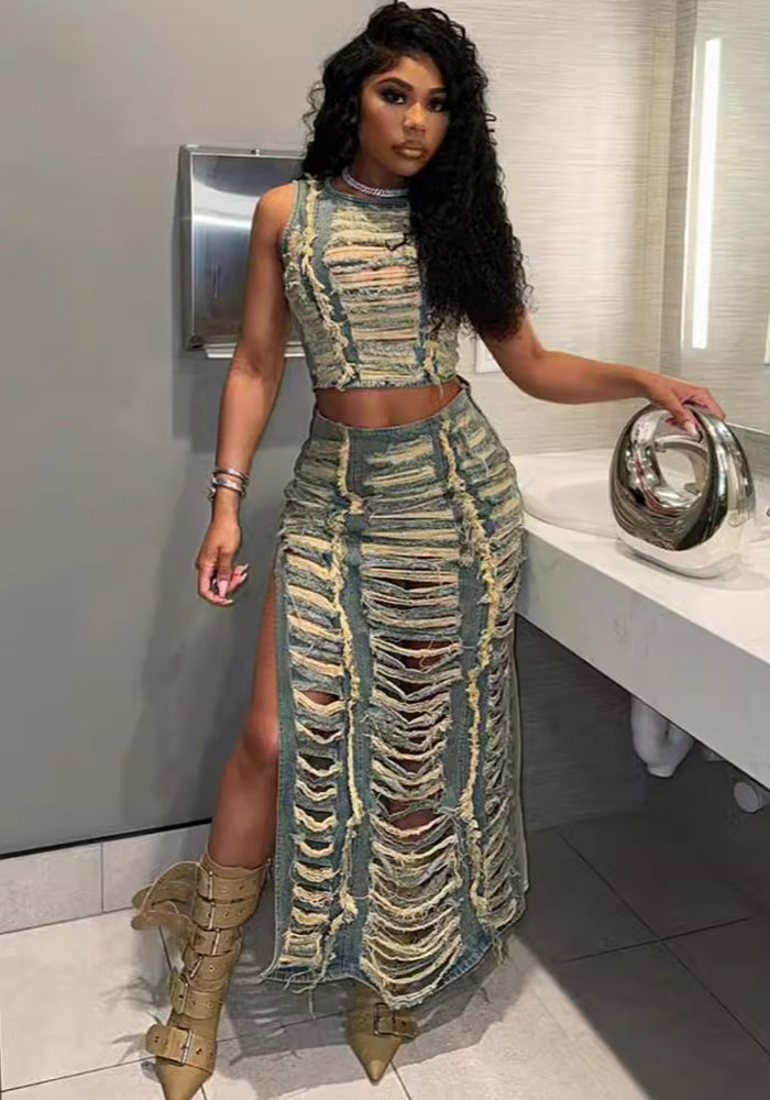 Women's Fashion Trend Worn Hollow Sexy Vest High Slit Denim Skirt Two-Piece Set