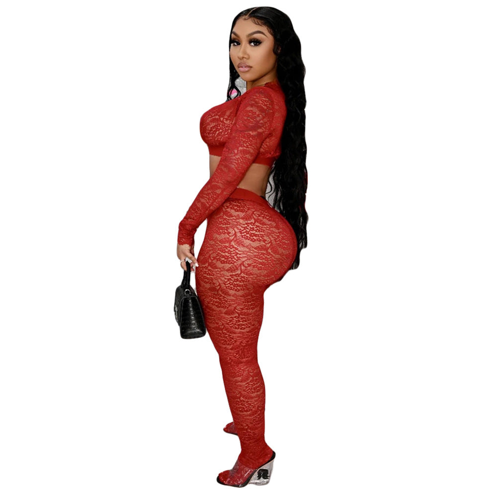 Women's Sexy V-Neck Tight Slim See Through Lace Two-Piece Pants Set 15