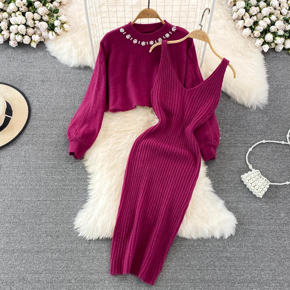Autumn And Winter French Chic Beaded High-Waisted Sweater Dress Knitting Shirt Two-Piece Set 4