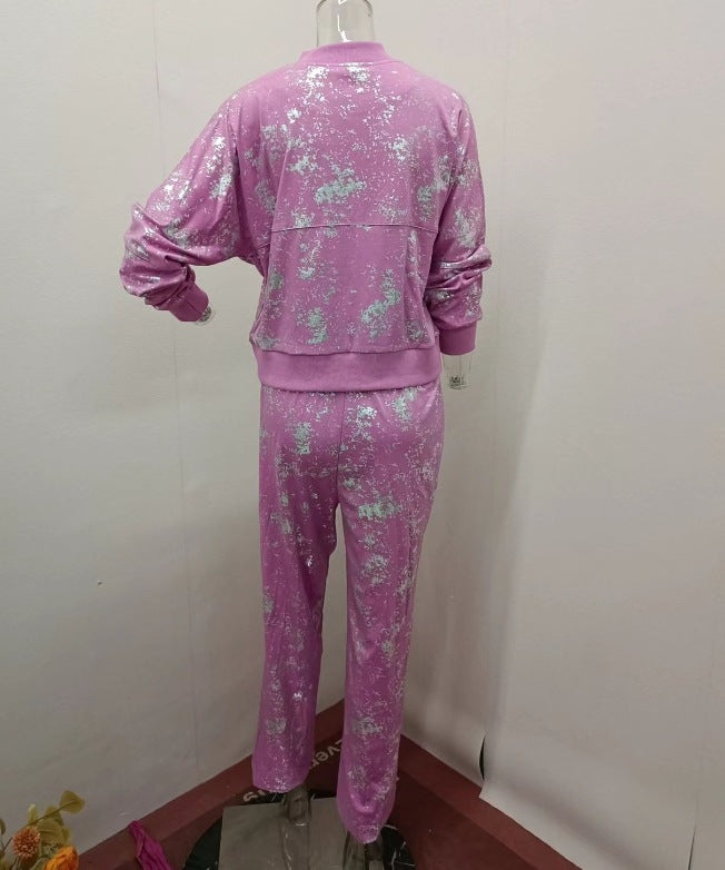 Women summer sequin print zipper casual top and pant two-piece set 12