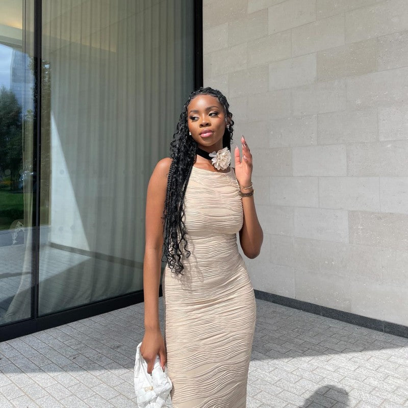 Women Summer Solid Sleeveless Sexy Water Ripple Dress