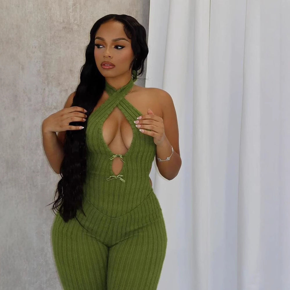 Women's Halter Neck Low Back Flare Jumpsuit