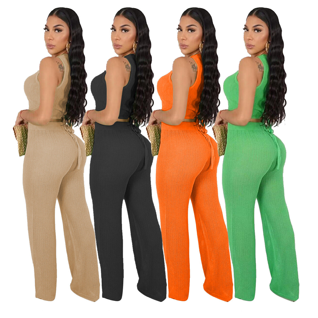 Women's Casual Hollow Knitting Sleeveless Two Piece Pants Set 6