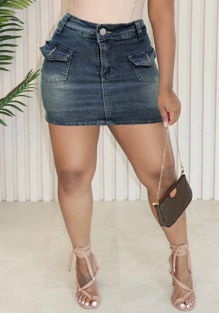 Washed Pocket Slim Women Denim Skirt
