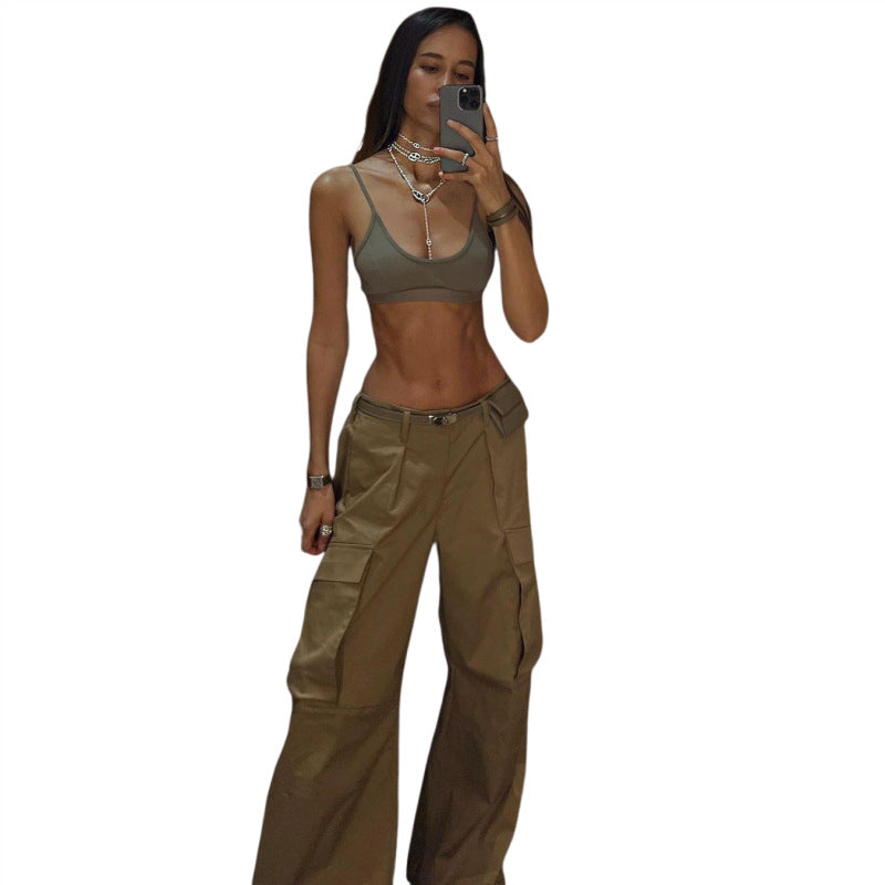 Retro low-waist loose woven pants women's multi-pocket Casual Cargo pants 8