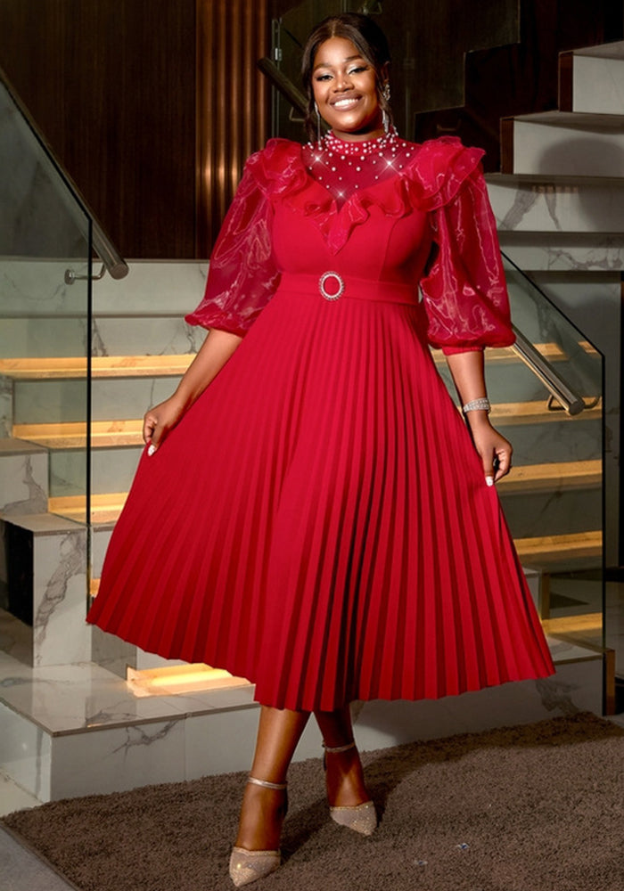 Plus Size See-Through Lantern Sleeve Pleated Fashion High Waist Party Dress