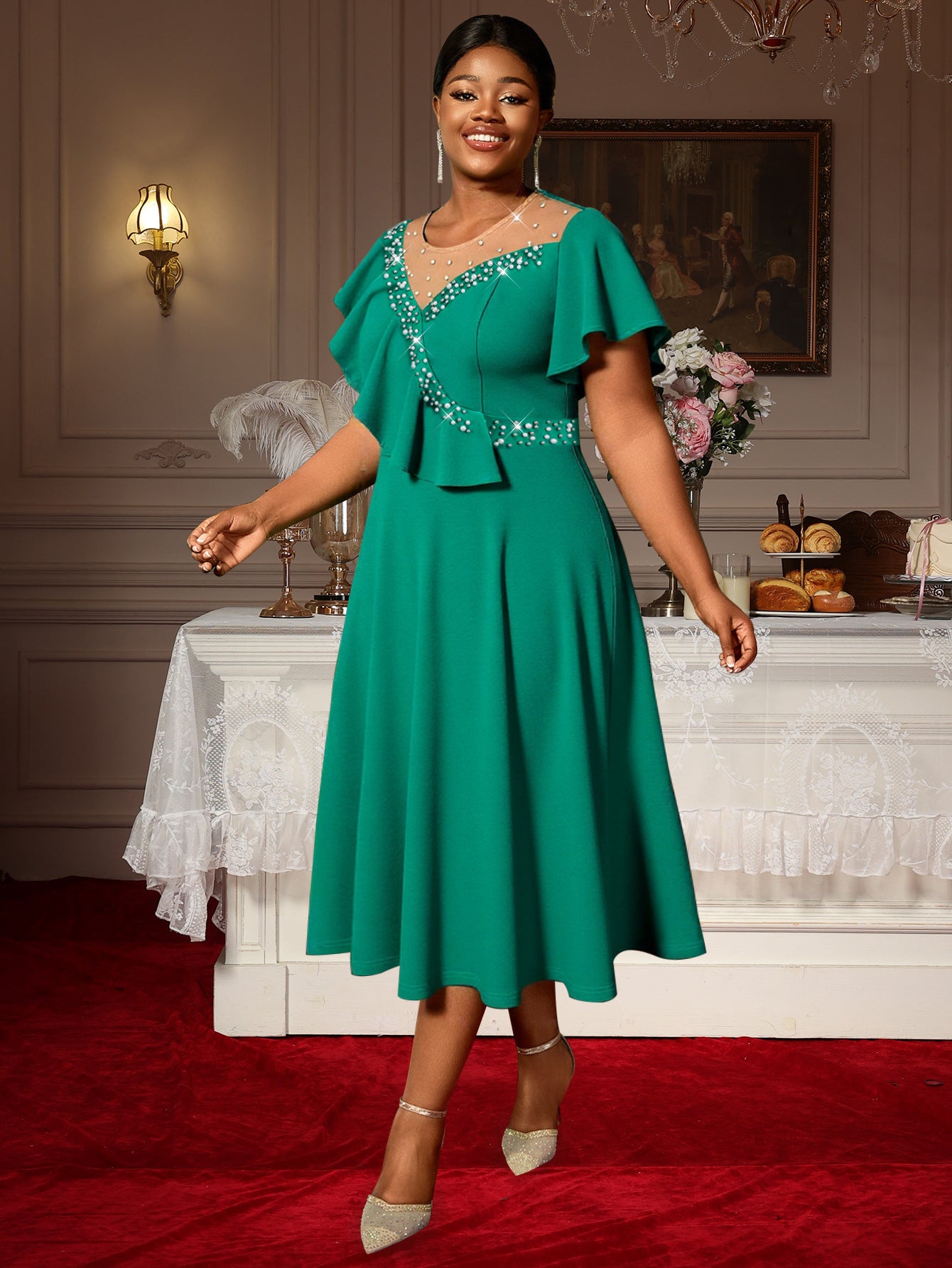 Plus Size Women's Flounce Short Sleeve Mesh Patchwork Rhinestone A-Line Elegant Dress 5