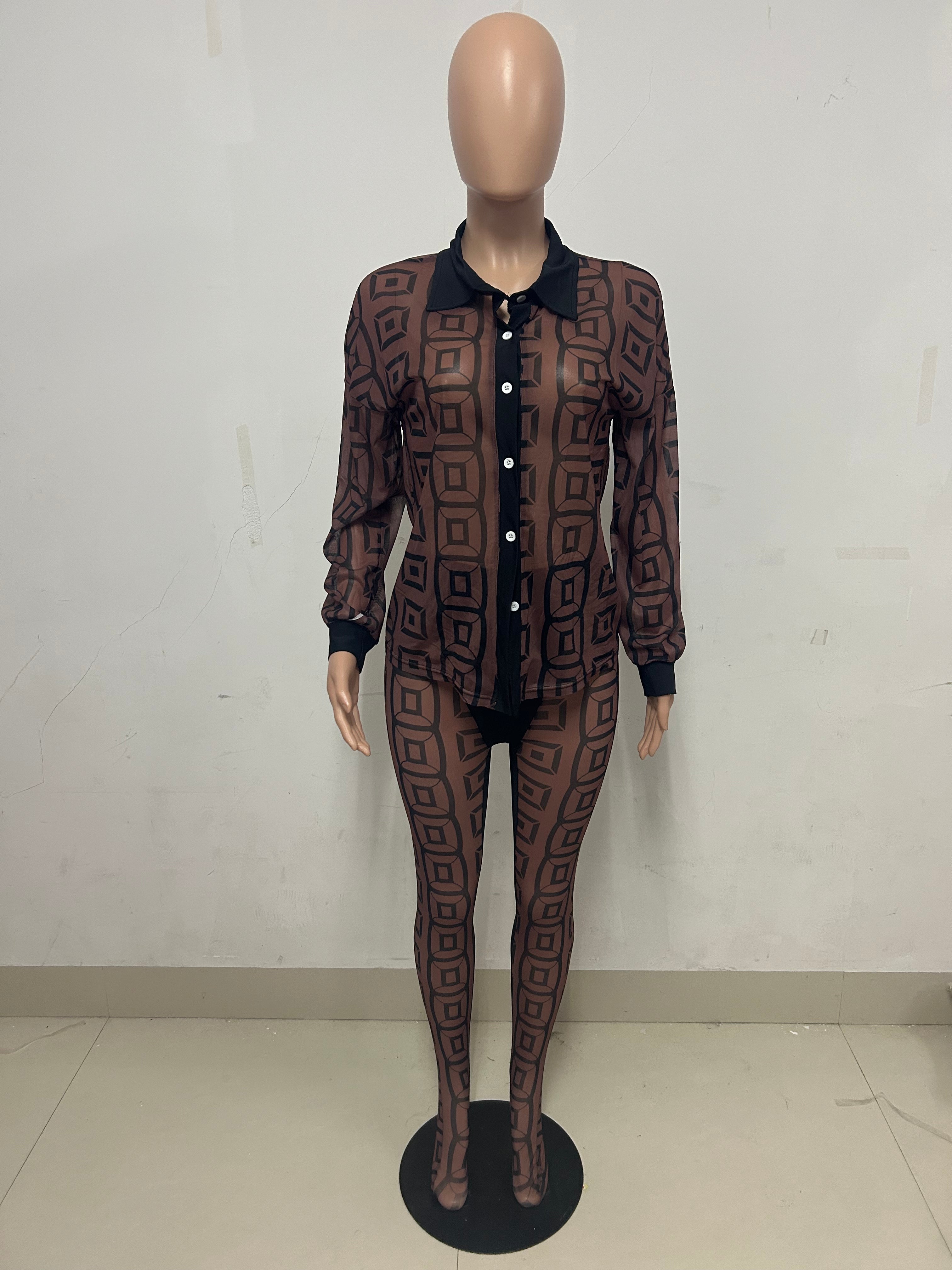 Spring Summer Print Mesh See-Through Shirt And Trousers Two Piece Set 6