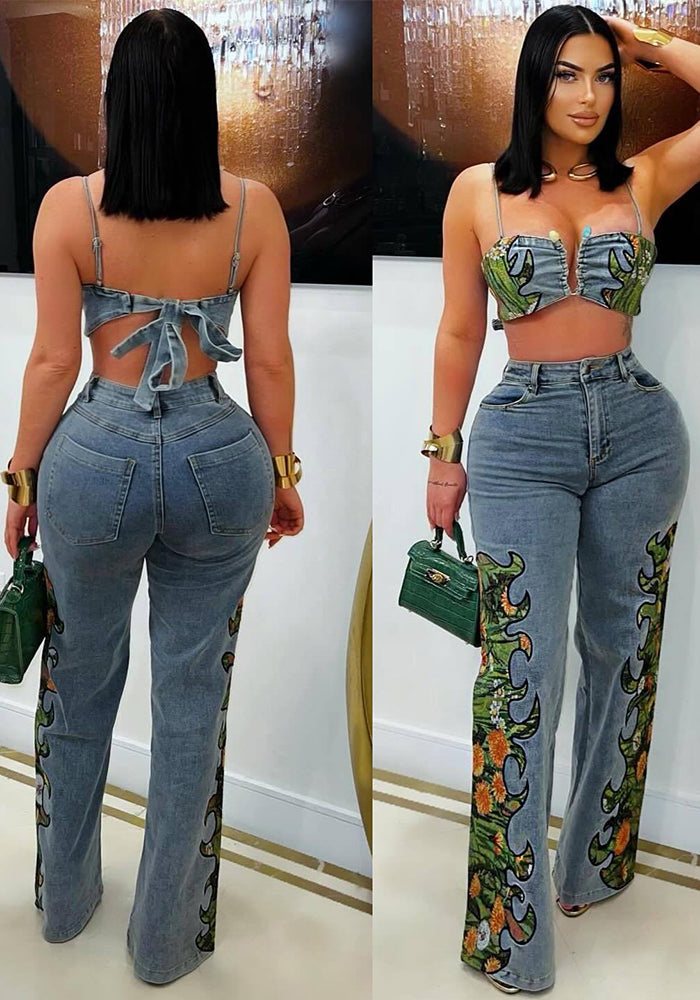 Women Sexy Floral Stretch Wrap Top and Denim Pants Two-Piece Set