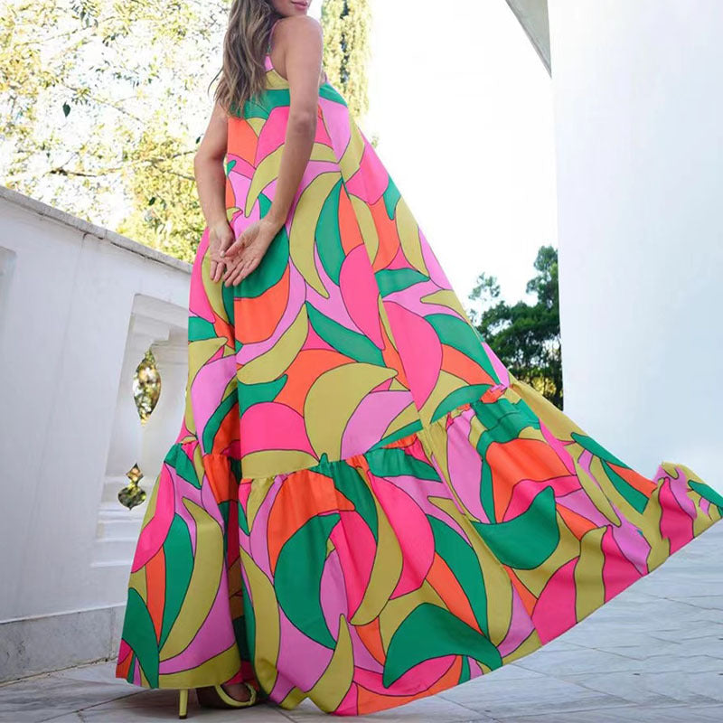 Women French V-neck Backless Printed Dress