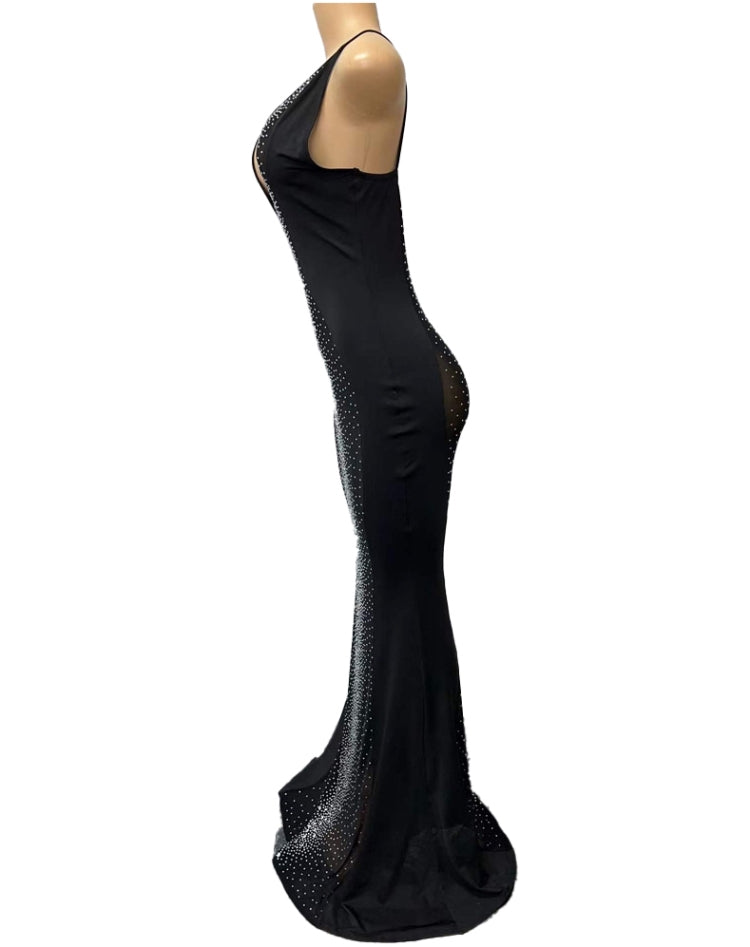 Spring Women Sexy Black Rhinestone Beaded See Through Plunge V-neck Straps Mermaid Evening Dress 6