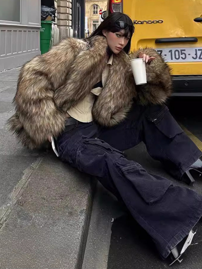 Women's Fur Coat Brown Turndown Collar Environmentally Warm Coat 3