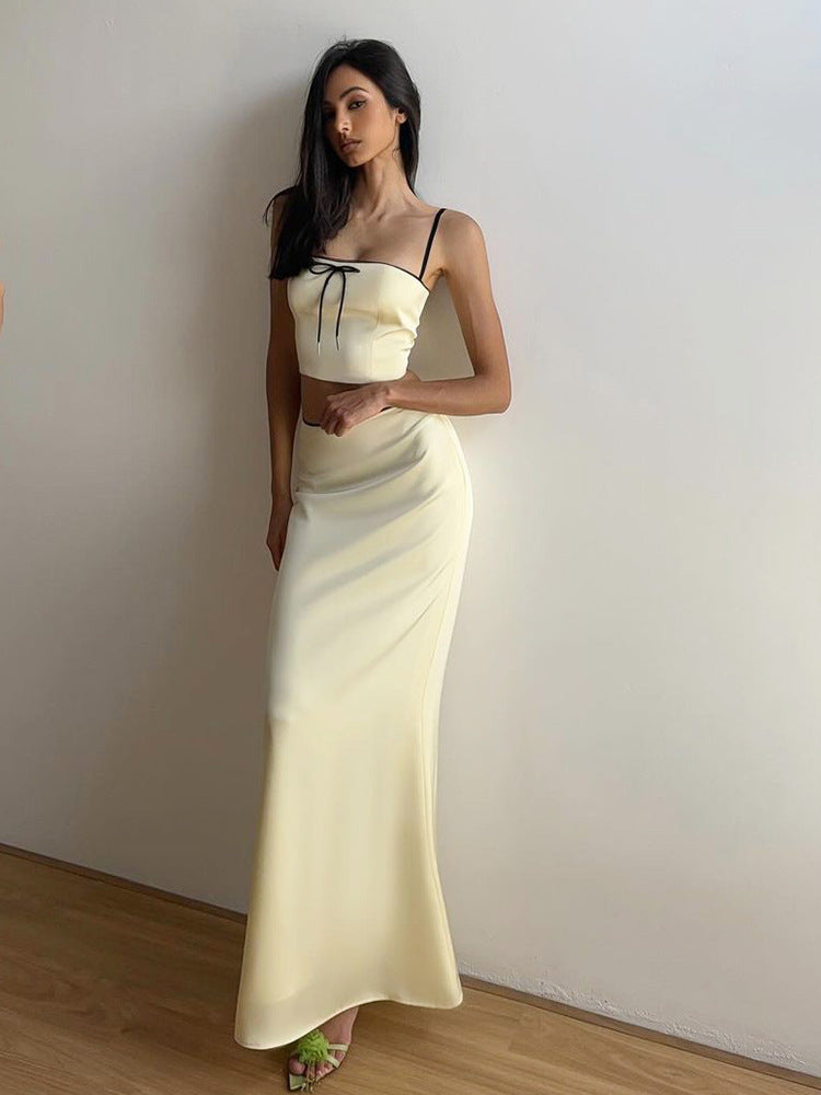 Spring Women's Solid Color Slim Crop Camisole High Waist Skirt Two Piece Set 3