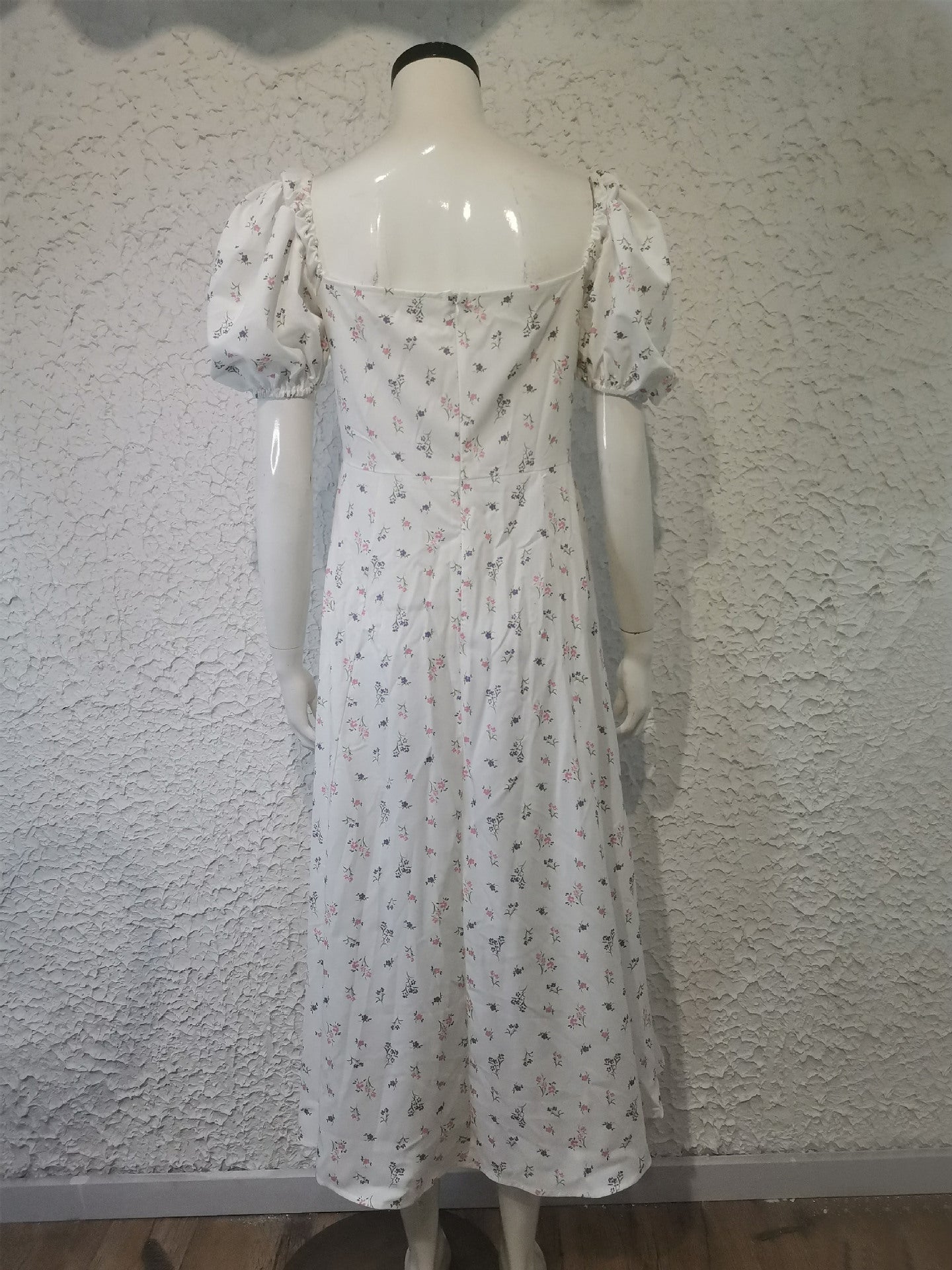 Women's summer fashion puff sleeve floral tie high slit long summer dress 21