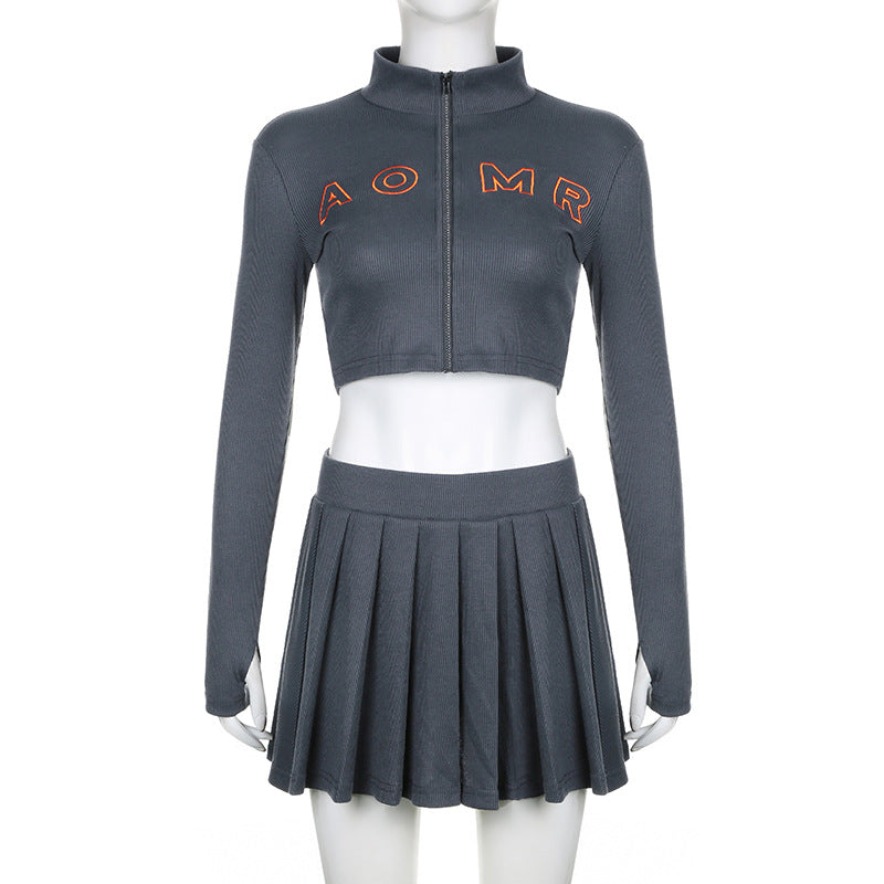 Embroidered Letter Half Turtleneck Crop Zipper Top + High Waist Pleated Skirt Casual Sports Two Piece Set For Women 9