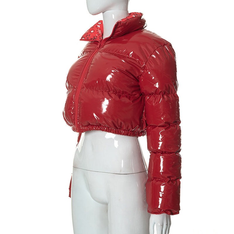 Winter Turndown Collar Camo Print Zip Reversible Women's Cotton Top 26