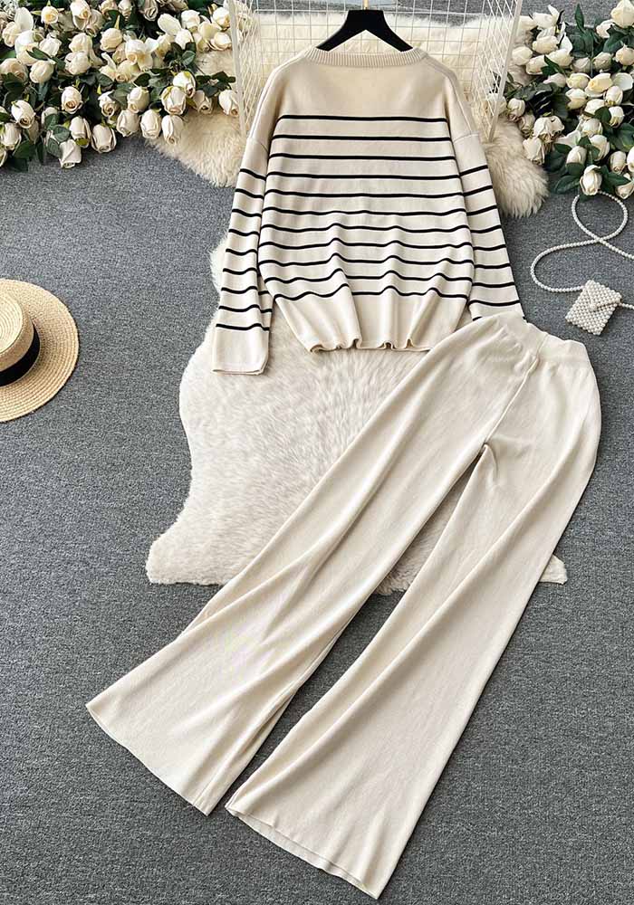 Women Casual V Neck Striped Knitting Top and Pants Two-piece Set