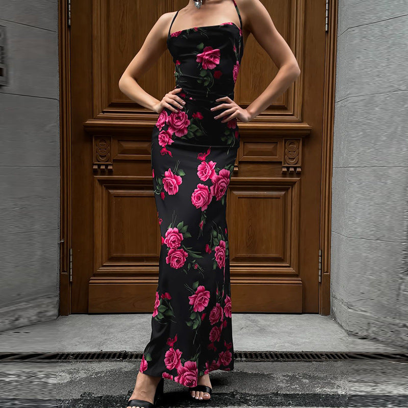 Women Spring Flower Print Sexy Backless Lace-Up Dress 4