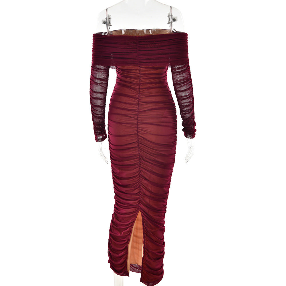Women Autumn Bodycon Sexy Mesh Off Shoulder Gathered Dress 17