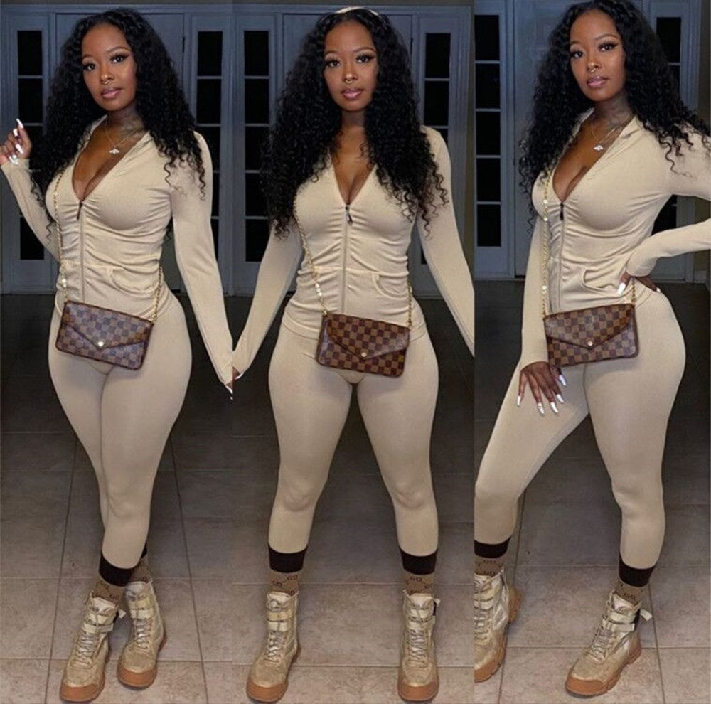 Women Casual Solid Long Sleeve Zip Top and Pant Two-Piece Set 15