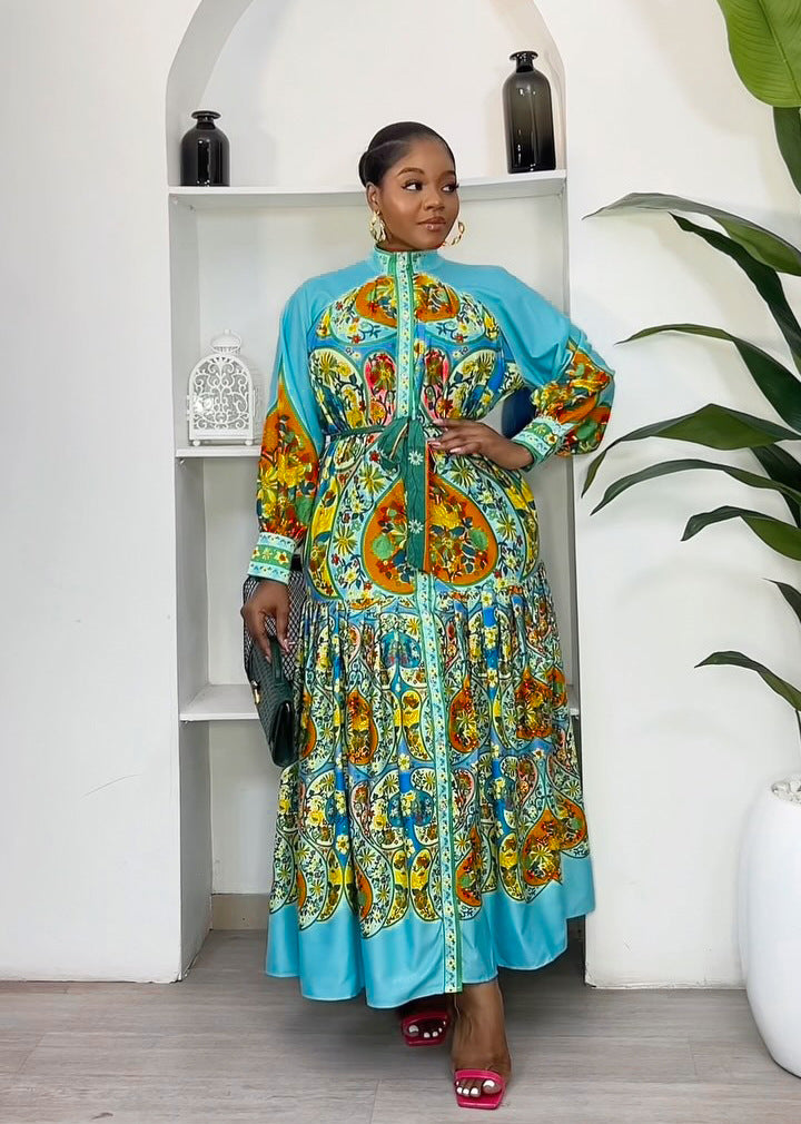 Women French retro print color matching shirt dress 3