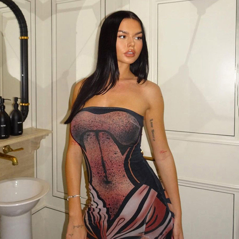 Women sexy Strapless Backless Print Maxi Dress 4