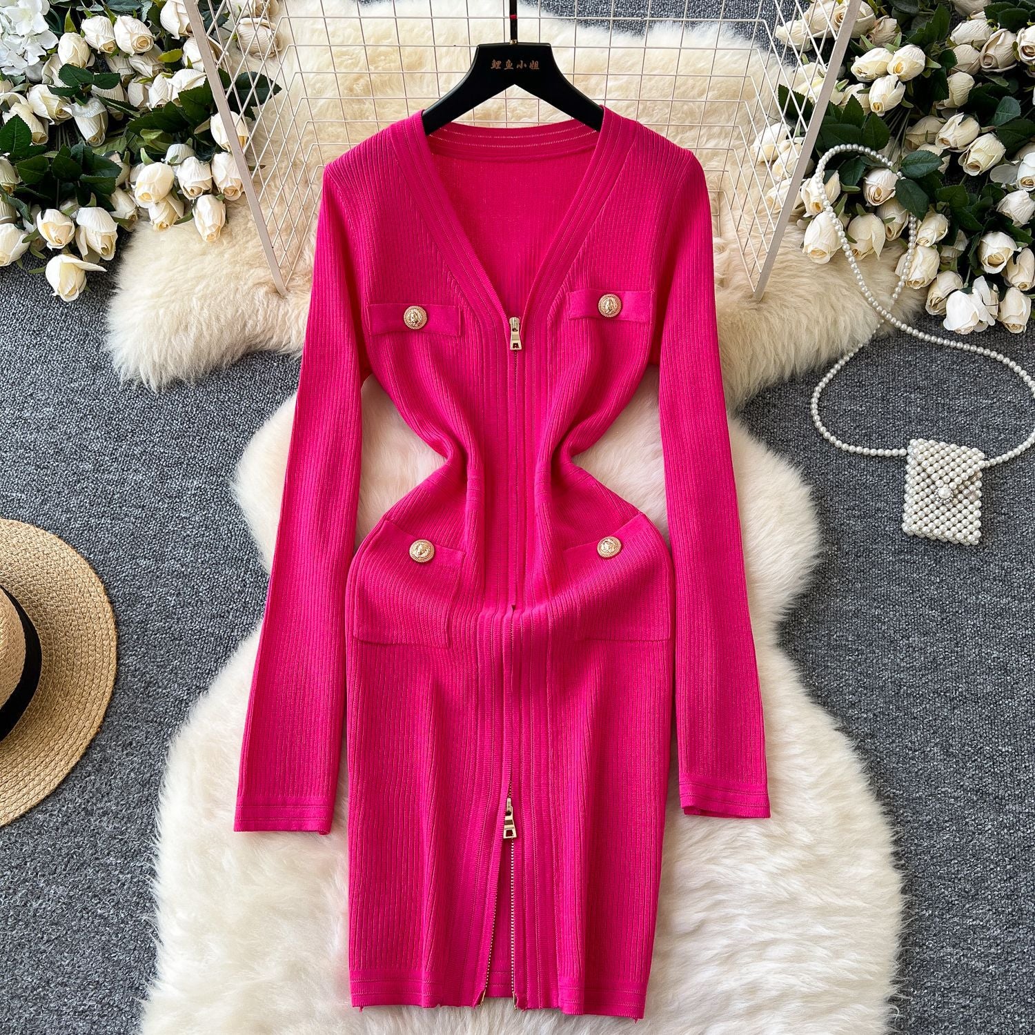 Sexy V-Neck Zipper Long Sleeve Dress Autumn Metal Button Slim Waist Knitting Sweater Dress 10