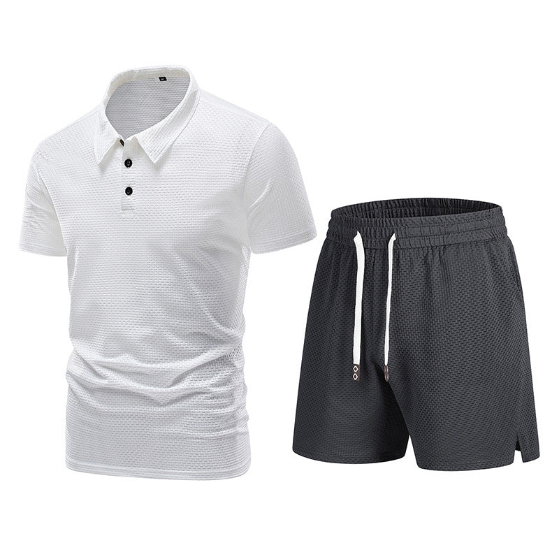 Summer men's Turndown Collar short-sleeved top and shorts two-piece set 15