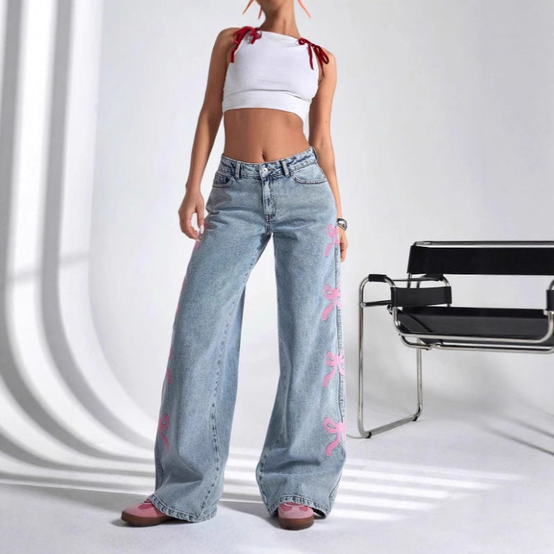 Women casual printed washed butterfly denim pants 5